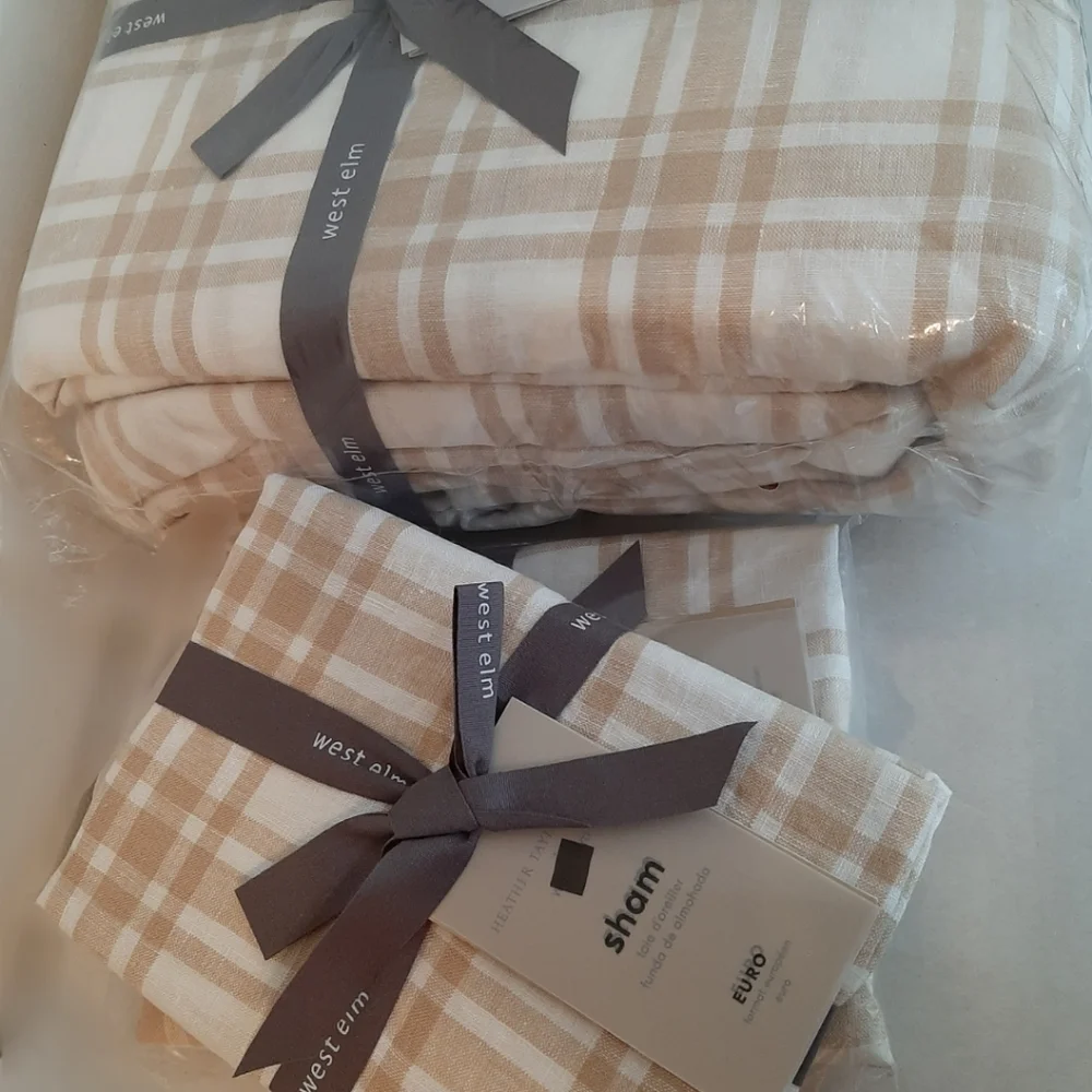 **West Elm Heather Taylor Home Tartan King Duvet Cover & 2 Euro Shams Almond